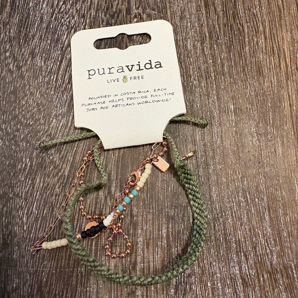Pura Vida Green and Gold Bracelet Set